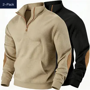 Lee London Men's Autumn Winter Waffle Knit Quarter Zip Sweater Vintage Polo Style Textured Design Half Zip Collar Soft Fabric Layering Essential Hoodie 2-Pack Beige & Black brent  rivera  merch whatever  sweater brother  christmas  gifts Knitwear unknown
