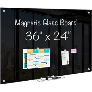 Glass Dry Erase White Board, 36" x 24" Black Glass Board for Wall Mounted, Includes 6  with Marker Tray, 3 Markers and 1 Eraser for Classroom , Office Supplies
