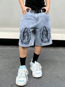 2026 New Y2K Baggy Denim Jorts with Virgin Mary Graphic Print, Vintage Streetwear Oversized Jean Shorts for Men, Harajuku Aesthetic Skater Hip Hop Bottoms for Summer Street Style