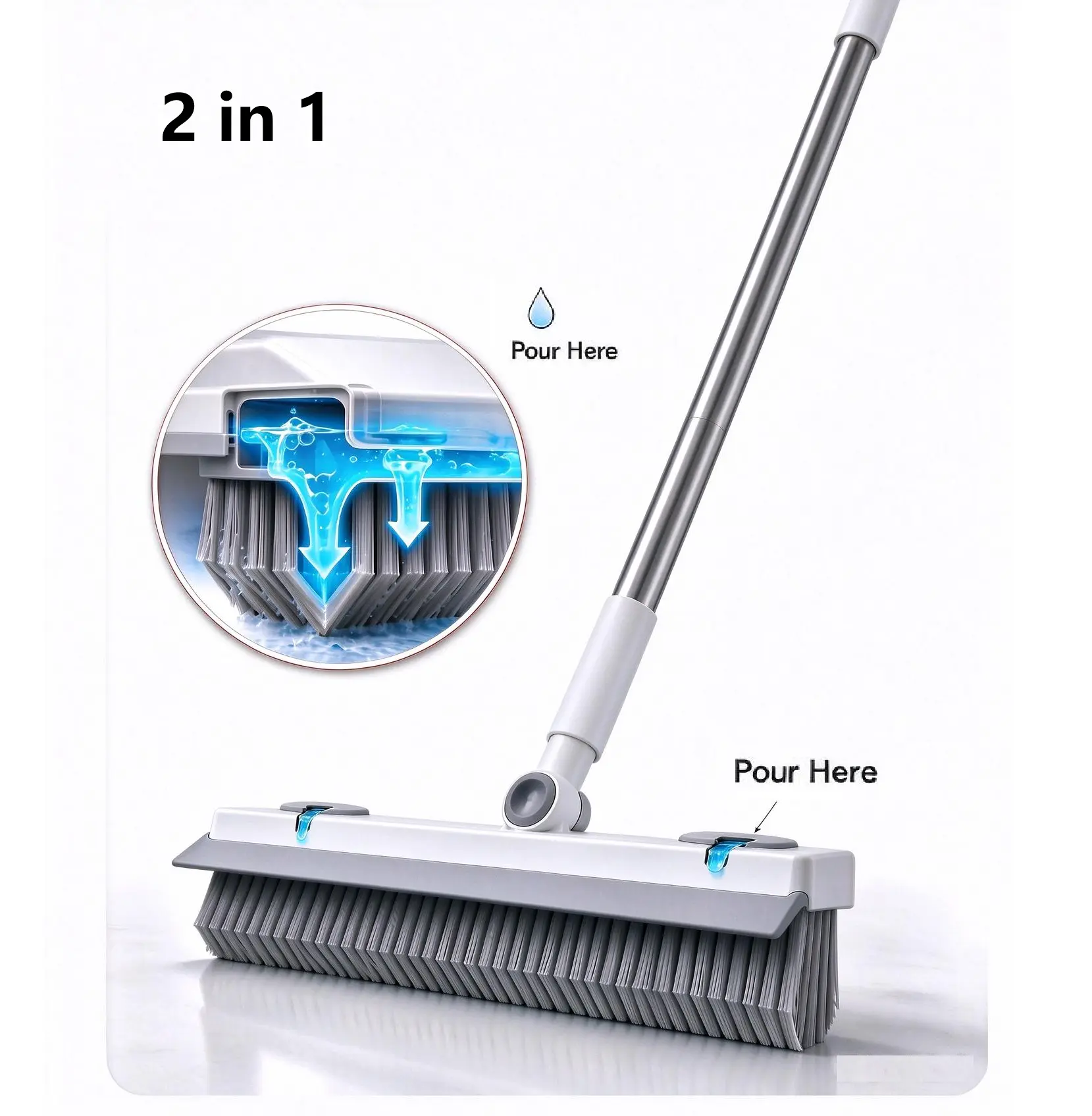 2-in-1 Floor Scrub Brush with Squeegee, V-Shaped Grout Cleaning Brush, 3-Section Adjustable Long Handle for Bathroom, Shower, Tile Floors & Window Tracks