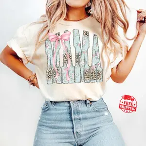 [Sale up to 50%] [Free Ship] Preppy Leopard Mama T-Shirt, Coquette Bow Mama Shirt, Leopard Print Mama Shirt, Spring Mothers Day
