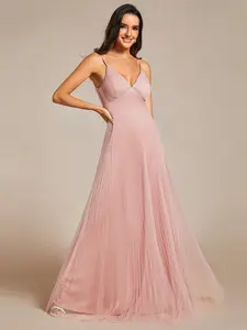 Ever-Pretty Pink Empire Waist Spaghetti Strap Backless Tulle Bridesmaid Dress - Minimalist Sleeveless Maxi for Women's Wear 02069