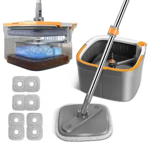 Spin Mop & Bucket System – Dual Compartment Design for Clean & Dirty Water, 360° Swivel Mop Head, Built-in Scrubbing Brush, Stainless Steel Handle & 2 Reusable Microfiber Pads