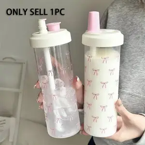 1 Pc Portable Large Capacity Drinking Cup with Lid, Cute Bow Pattern Straw Water Bottle, Clear Water Bottle, Suitable for Home, Office, School, Outdoor, Drinkware