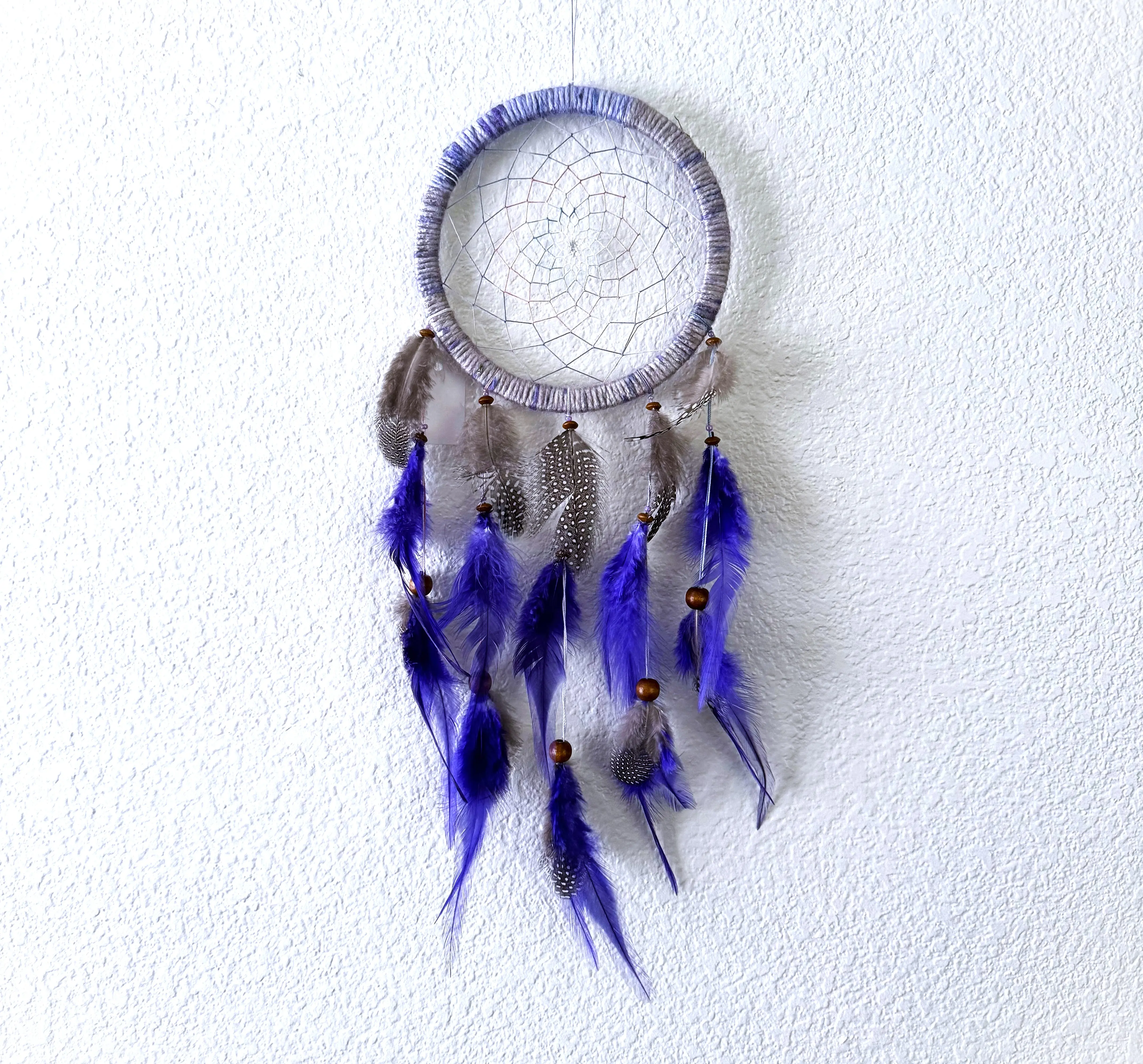 Whispers in the Thread Collection - Twilight Murmur - Yarn Wrapped - Guinea Pheasant Feathers - Grey and Purple - Handmade Dreamcatcher Hanging