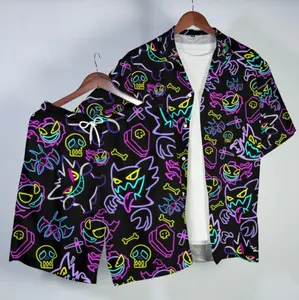 2026 Hawaiian Sets PKM [FREESHIP] Hawaiian Shirt Tropical Button Up Shirt Summer Beach Short Neon Ghost Pattern Matching Set Unisex Outfit Gengar Shirt Gifts – Anime PKM Aloha Latias Latios Hawaiian Shirt