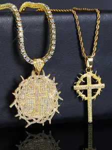 Crown of Thorns Pendant Set, Stainless Steel Rhinestone Design, Cross Chain Design, Unisex Street Style, Perfect Gift for All Occasions, Cuban Link Chain