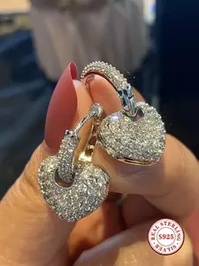 S925 Sterling Silver Heart Shaped Earrings for Women - Sparkling CZ Paved Statement Huggie Earrings Hypoallergenic Valentine Gift