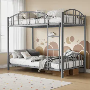 Metal Bunk Bed Twin Over Twin, Heavy Duty Bunkbeds Frame with Arched Guardrail and Safety Ladder, Sturdy Steel Bed for Kids Boys Girls, Modern Gray