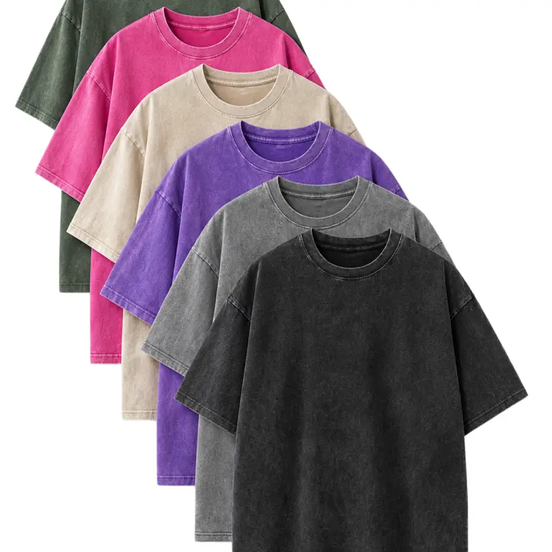 Women's Retro Acid Wash Cotton Round Neck T-Shirts (6 Pack, $50.99) - Loose-Fit Unisex Oversized Drop Shoulder Soft Fabric Short-Sleeve Breathable Stylish Tops for Streetwear, Gym