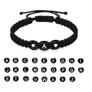 1Pc Adjustable Braided Letter Bracelet with Heart Beads – Personalized Initial Jewelry, Black Rope Wristband Gift for Men and Women
