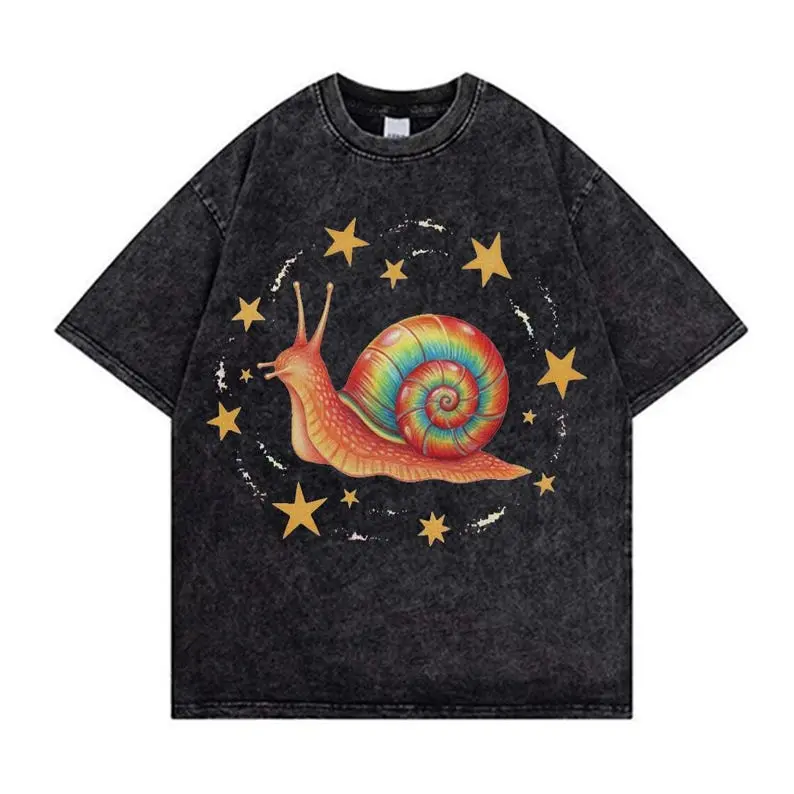 Men's Casual Distressed Washed Short-Sleeve Tshirt - Round Neck, Star Snail Graphic, Vintage Cotton, Unisex Streetwear Top, Father's Day Gift | Menswear, Men's Graphic Tees, Sport, Festive, Throwback Style, The Cool Graphic Men's Short-Sleeve T-Shirts
