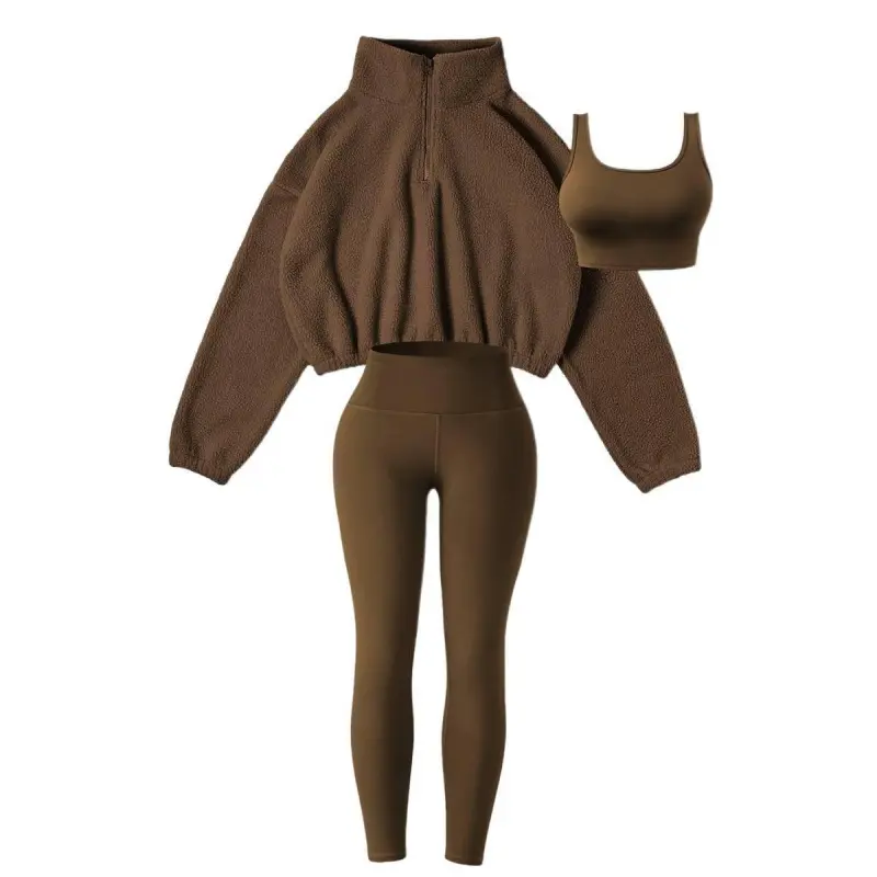 Women's 3-Piece Fleece-Lined Thermal Athletic Tracksuit Set - Zip Jacket, Top, High-Waist Pants - Cozy Winter Activewear for Gym, Travel