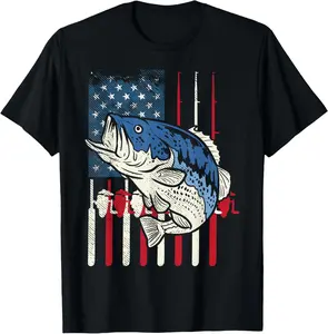 Bass Fish US American Flag Patriotic Fishing Fisherman Gift Summer Shortsleeve Cotton T-Shirt