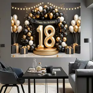 18th Birthday Party Background, 1 Count Colorful Balloon & Gift Box Pattern Birthday Party Backdrop, Party Decoration Supplies for Home Living Room Bedroom, Banners, Birthday Party Decorations