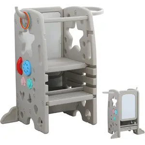 Multifunctional Kids Step Stool w/Double Safety Rails, Height Adjustable, Toddler Tower for Kitchen Countertop and Bathroom w/Drawing Board & Storage (OMLT-Grey)