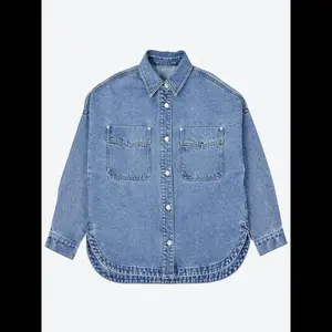Women's Plain Denim Jacket Button Front Drop Shoulder Curved Hem Long Sleeve Pocket Collar Loose Fit All Seasons Casual Fashion Outerwear outdoorfun Blue Womenswear