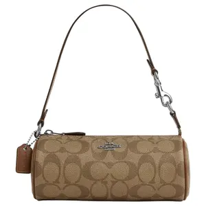 Coach Nolita 20 Small Cylinder Bag for Women – Silver Logo, Classic Monogram, Zip Closure, Faux Leather, Khaki and Saddle Brown