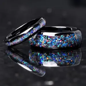 Black Stainless Steel Band - Night Dream Glow-in-the-Dark Floral Design, Dark Blue Dome Floral, Elegant Wedding Engagement Promise Ring for Couples, Promise Ring for GF,summervibes