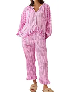 Arssm Womens Gingham Pajama Set 2 Piece Plaid Button Down Long Sleeve Shirt and Pants Pjs Lounge Set Outfits