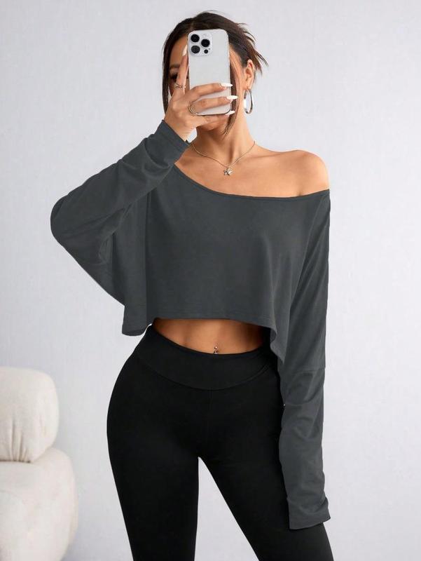 Loose Off The Shoulder Crop Tops for Women Long Sleeve Oversized Crop Tops Workout Spring Summer Casual T Shirt