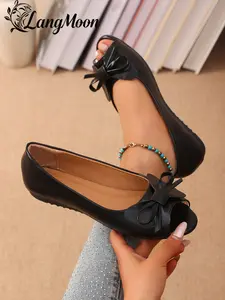 Langmoon Sweet Bow Flat Shoes, Daily Wear Shoes, Soft PU Leather, Butterfly Knot Decor, Fish Mouth Design, Lightweight Comfortable, Anti-Slip, All Seasons, Summer Footwear Shoe