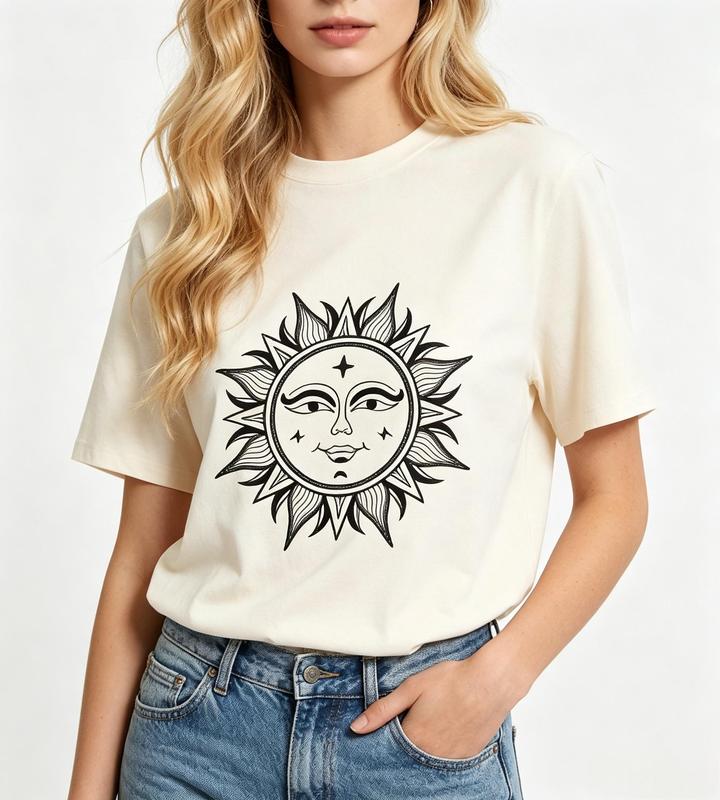 Women's Beige Mystical Sun Face Line Art Short Sleeve T-shirt - Bohemian Celestial Breathable Beach Fabric Top, Elegant Casual Style Tee #sohochic