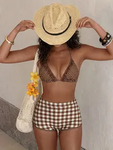 Multi-Color Vintage Polka Dot & Gingham High Waist Bikini Set for Women, Retro Ruffled Halter Triangle Top with Boy Short Bottom Two Piece Swimsuit, Summer Beach Vacation Bathing Suit Swimwear