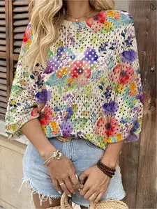Spring/Summer style, crew neck hollow-out loose batwing raglan sleeve cardigan, Knitting sweater cardigan, contrast floral print women's knitted top, vacation style for commuting, women's vest cover-up, bikini cover-up