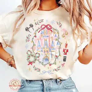 comfort color Retro Coquette Bow Castle Christmas Shirt, Magic Kingdom, Very Merry Christmas Party Shirt, Girly Nutcracker Xmas