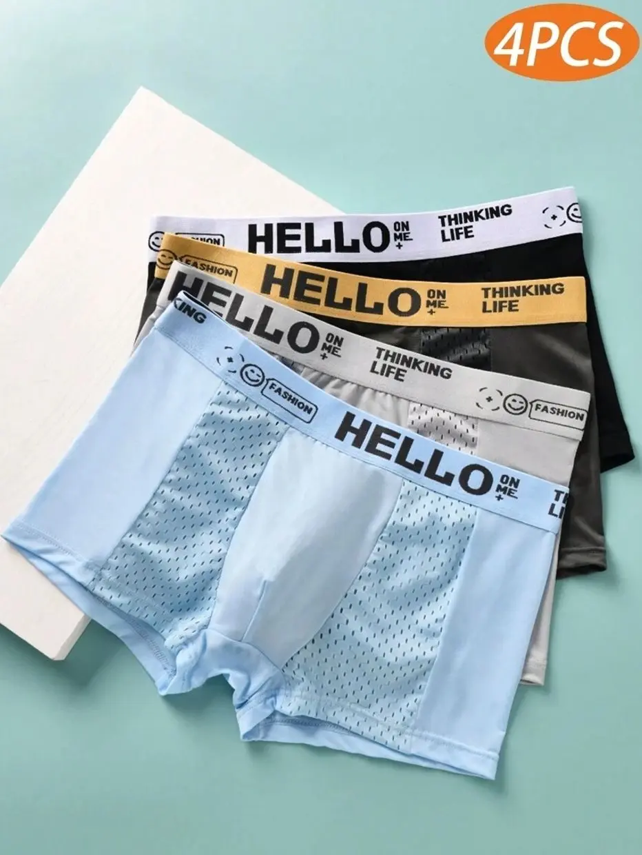 4pcs Men's Mesh Ice Silk Boxer Briefs - Summer HELLO Letter Print, Breathable & Cool Underwear