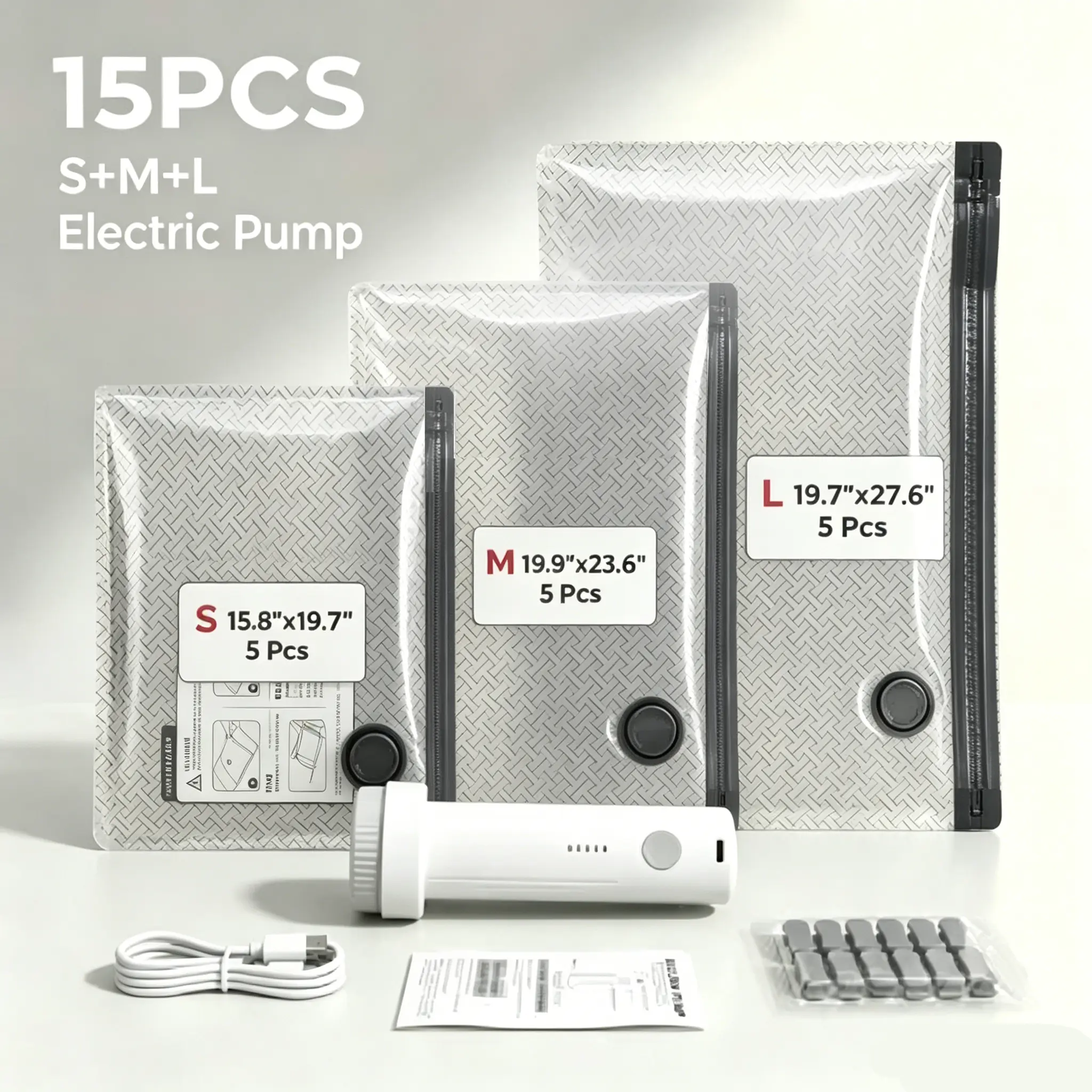 *2026 Upgraded Universal Vacuum Storage Bags Set with Electric Pump - Works With Any Vacuum Cleaner - 6/9/15 Pack - Triple Seal System - Dust Insect Odor Proof - Home Travel Essential space saving rechargeable extra-large capacity 15-pack everyday