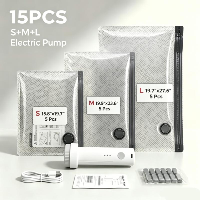 2026 Upgraded Travel Vacuum Compression Storage Bags Set with Rechargeable Electric Pump - 30% Thicker, Airproof Valve, Triple Seal System, Dust-Insect-Odor Proof for Clothing Storage, Garage & Home Bedding Organization - 6/9/15 Pack Extra-Large Pouch Set