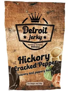 Detroit Jerky - Hickory Cracked Pepper!  A wicked protein packed plant based jerky, slathered in our own Hickory BBQ Sauce and tossed with cracked pepper, just for kicks!  A savory snack with that cracked peppery goodness!