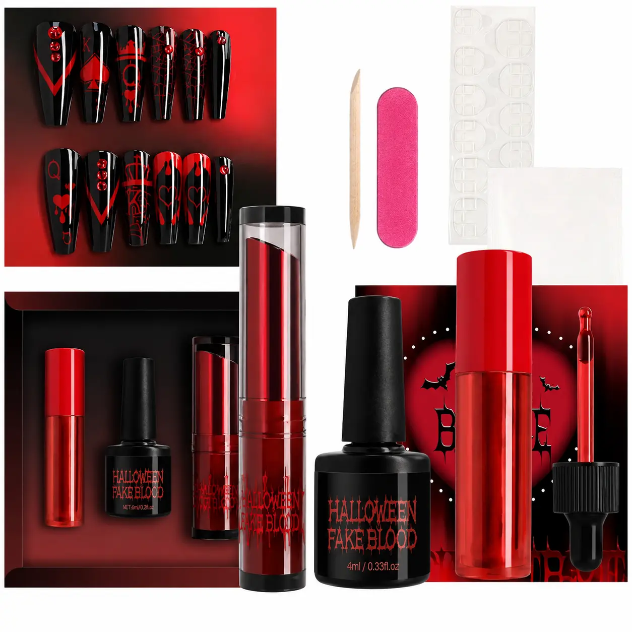 Halloween 4-Pack Makeup Kit - Matte Soft Mist Lipstick Powder, Fake Blood, Nail Slices, 2-Tone Eyeshadow - Clown Cosplay & Costume Set for Halloween, Sports Events