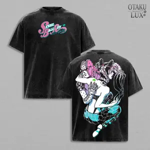 Jolyne Cujoh Stone Free Stand Tee – JoJo Stone Ocean Anime Manga Graphic Washed T-Shirt, Double Sided Print Heavyweight Cotton Oversize Streetwear Retro