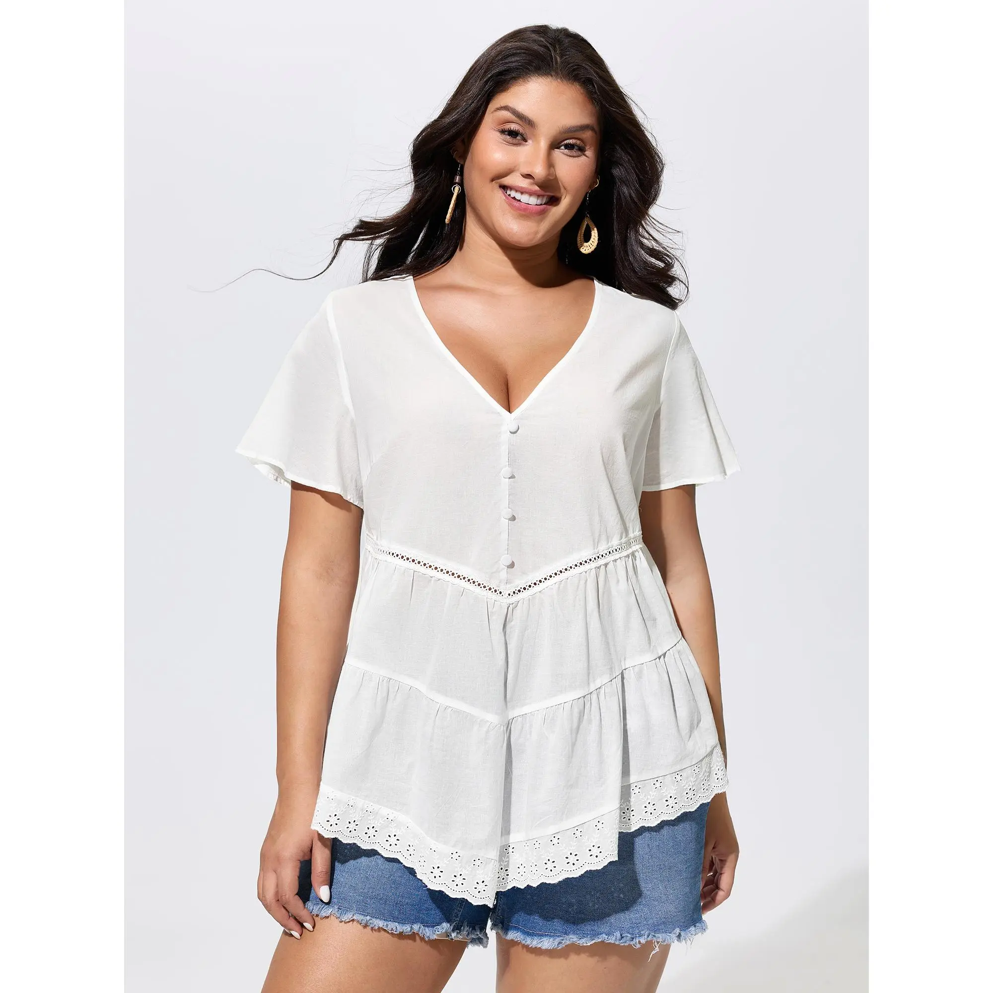 BLOOMCHIC Plus Size Cotton V-Neck Tiered Plain Blouse[M-6X] 2026 Spotlight,Summer wins,Deals for your days