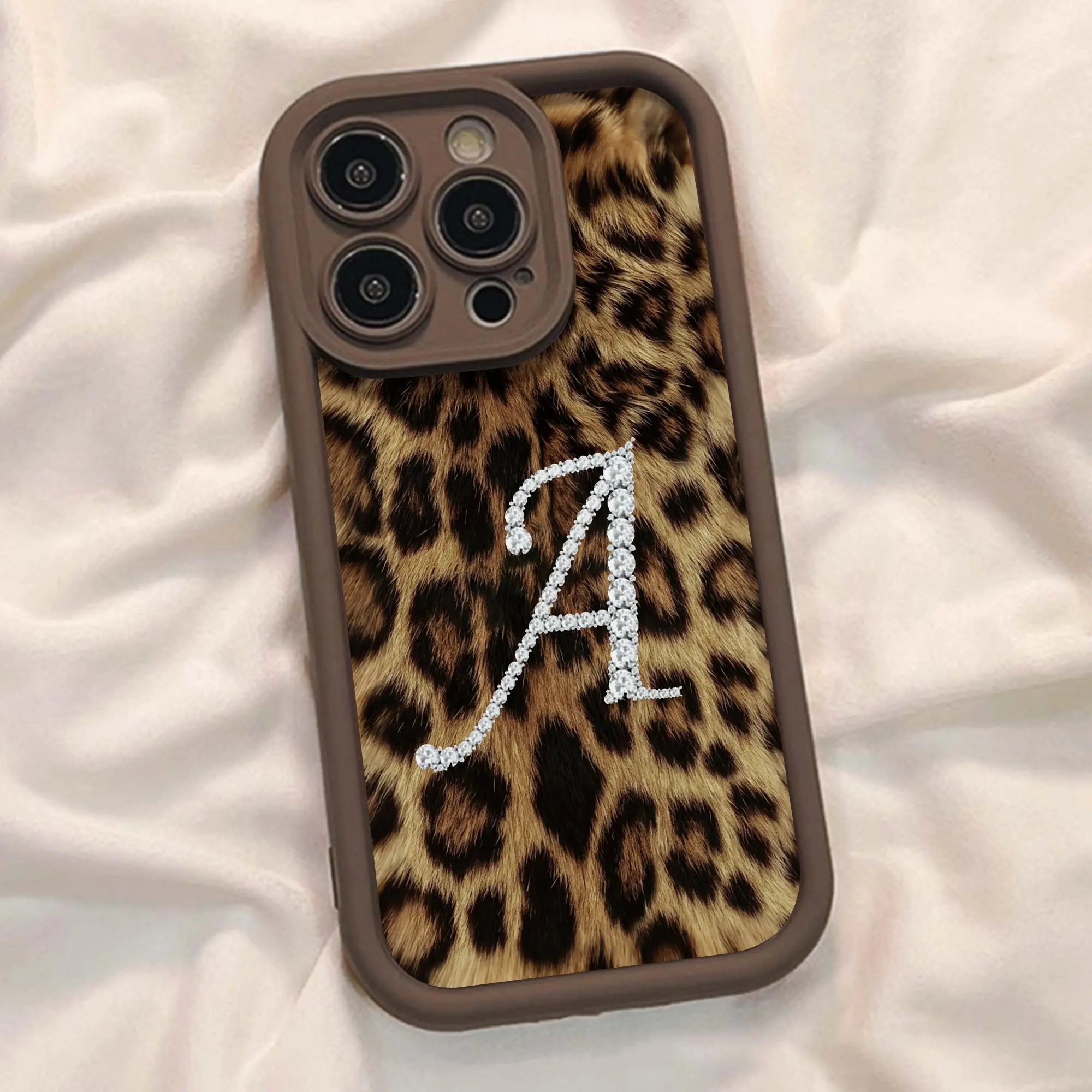 Customized Leopard Print Phone Case with Rhinestone Letter A - Luxury, Shockproof Soft TPU Protective Cover for iPhone 11-17 Pro Max, Galaxy Series