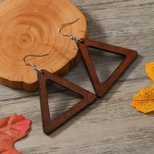 Boho-Chic Wooden Triangle Dangle Earrings - Vintage Brown Hollow Design, Stainless Steel Posts for Casual Attire & Gifting, Autumn Winter, Bohemian, Melrose Style