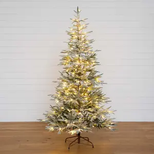 7’ Pre-Lit Artificial Flocked Woodland Fir Christmas Tree with 200 Warm White LED Lights