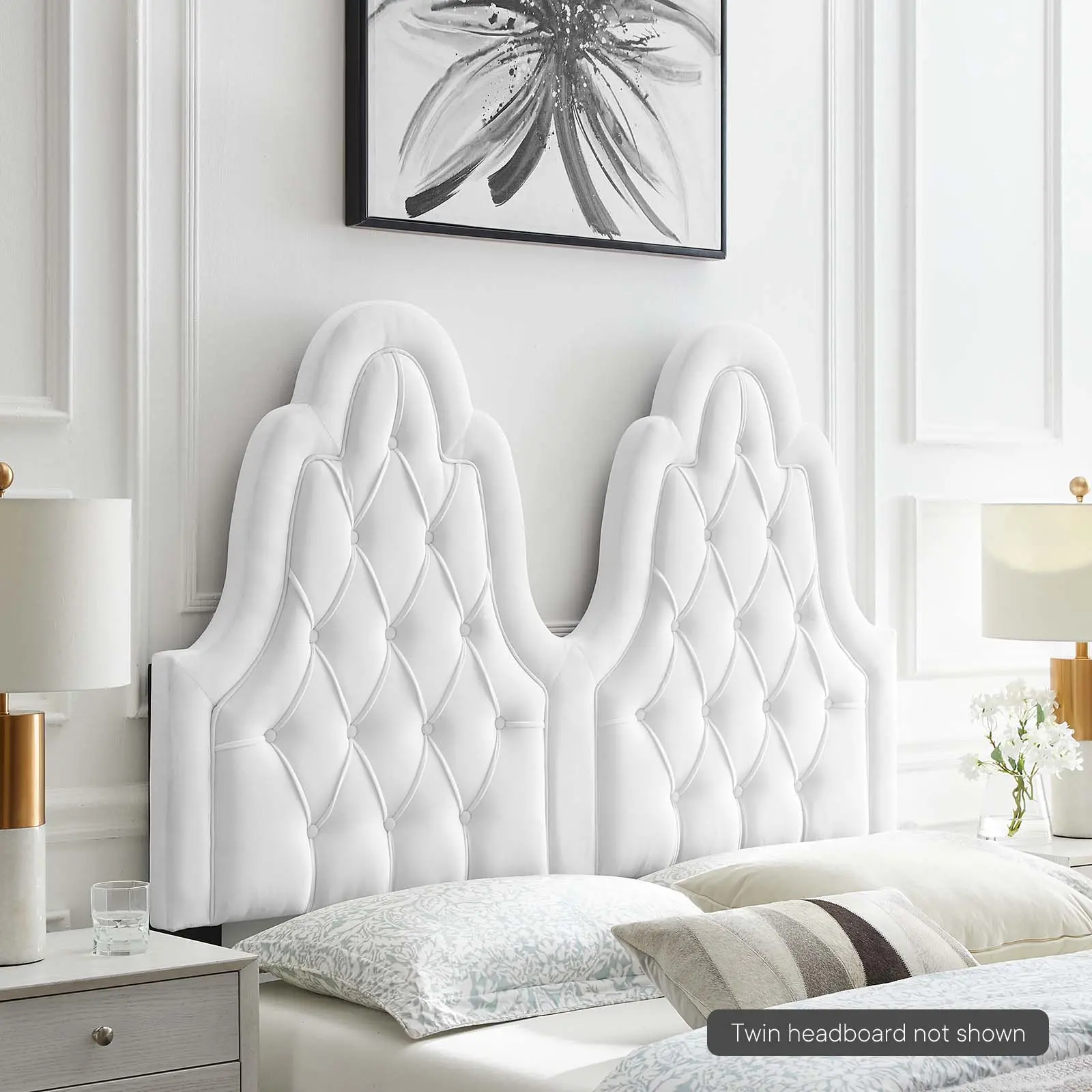 Modway Augustine Tufted Performance Velvet Twin Headboard - Luxury Furniture for Bedroom, Dorm with Foam Padding, White, Adjustable