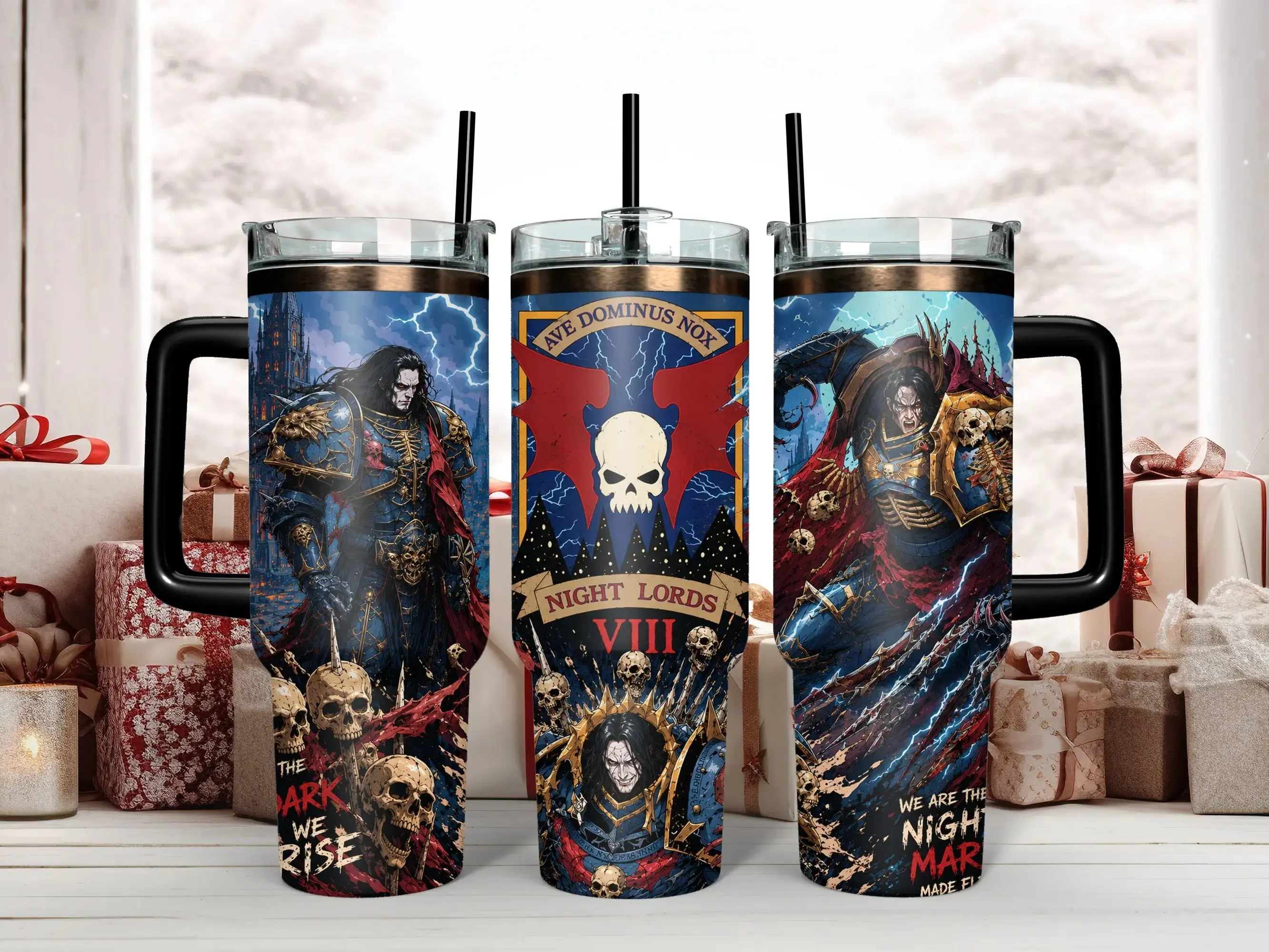 Warhammer 40K Night Lords Konrad Curze Primarch 40oz Insulated Tumbler - 'Ave Dominus Nox' Chaos Space Marine Art Travel Mug with Handle & Straw - Epic Grimdark Tabletop Gamer Gift