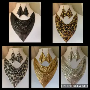 Trendy slice bib necklace and earrings sets, metal chain bib necklace and metal chain diamond earrings, black jewelry set, silver jewelry set, black and gold jewelry set/ black and silver jewelry set