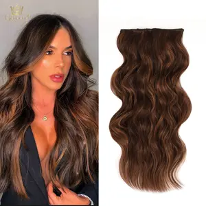[ Qbeauty ] Chocolate brunette Clip- in Synthetic Hair Extensions Long Wavy 4PCS Thick Hairpieces Double Weft Natural Hair Extensions for Women