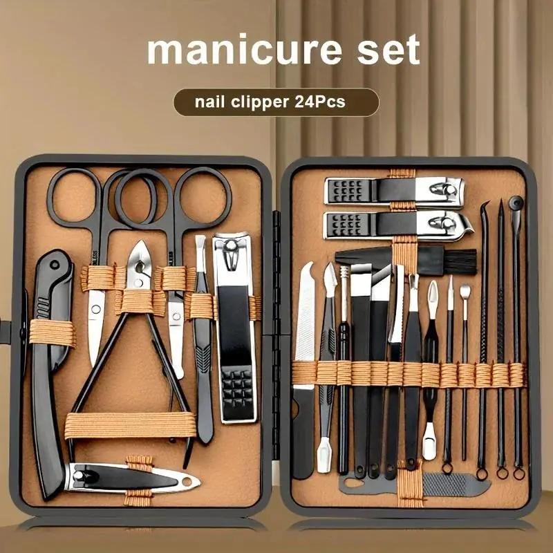 7/16/24Pcs Complete Nail Care Kit Heavy-Duty Black Manicure & Pedicure Set Nail Clippers Set Cuticle Pusher Trimmer Remover