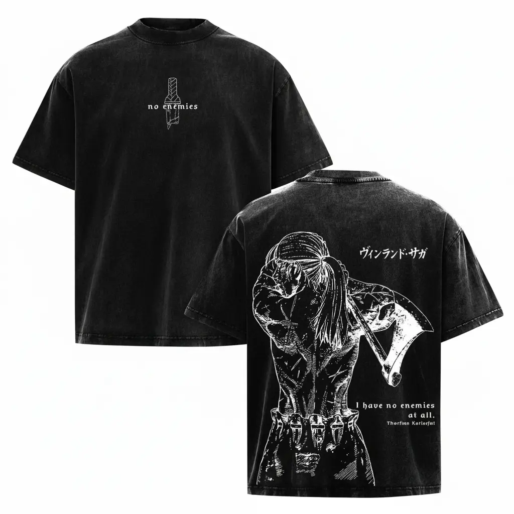 Vintage Washed Vinland Saga Thorfinn Anime Graphic Tee – Iconic 'I Have No Enemies' Japanese Manga Back Print | Soft Oversized Streetwear for Otaku Fans and Aesthetic Outfits