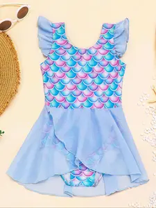 Girl's Mermaid Scale Print One-pieces Swimsuit, Cute Cap Sleeve Swimwear for Beach Holiday Vacation, Kids Swimsuit for Summer