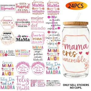 24PCS/Set Spanish Mom Themed UV DTF 16OZ DIY Transfer Paper Set Used For 16oz Water Bottles Glass Bottles Laptops Home Decoration DIY High Viscosity Transfer Paper
