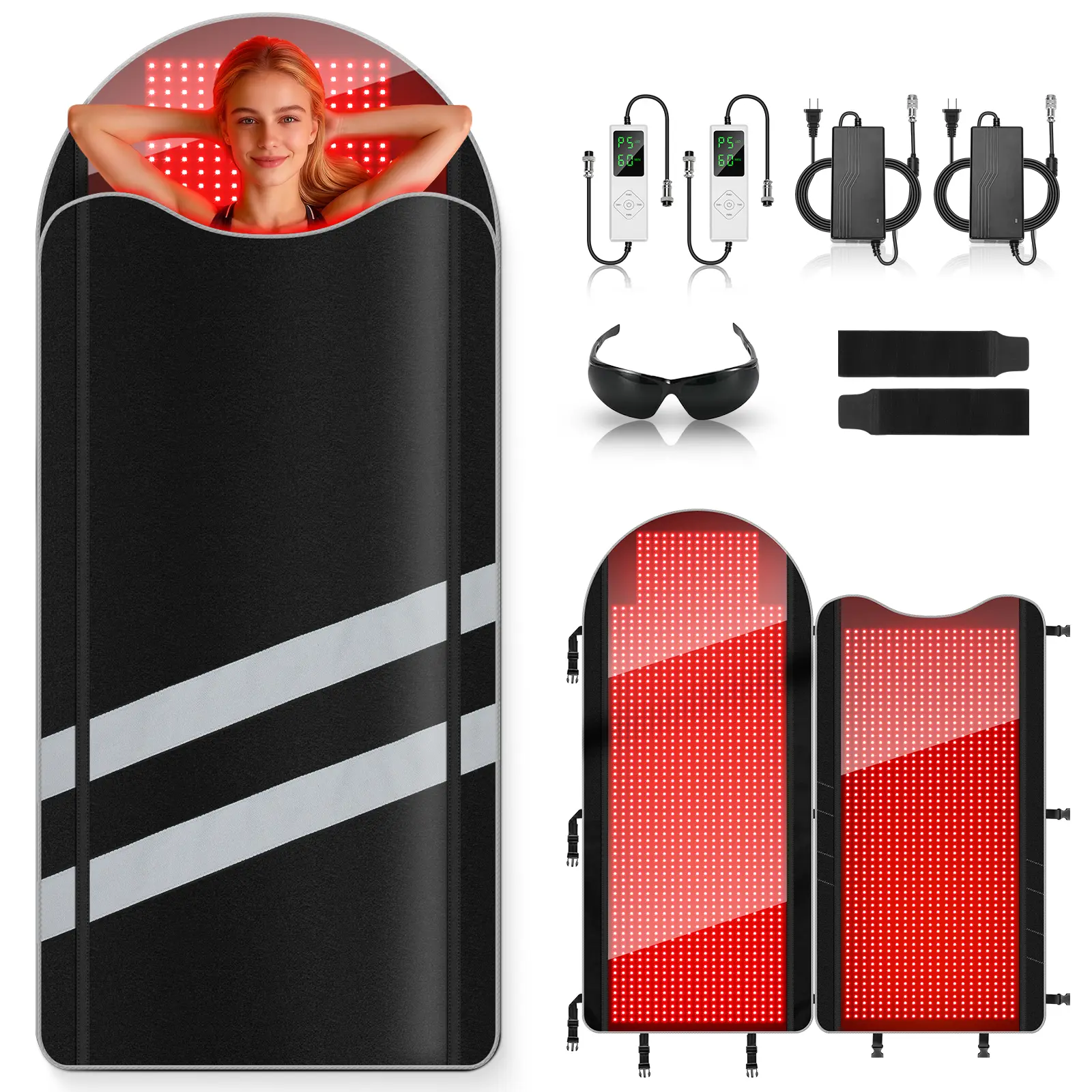TPU Large Red Light Therapy Mat for Full Body (74.4in x 39.4in), 2748 LEDs Infrared Heating Pad with 660nm/850nm Dual Wavelength, 5 Levels, Pulse Mode, Timer, for Home/Office Use, Stress Relief, Adjustable, Relaxing, Treatment, Two Mats Set, Relaxes Muscl