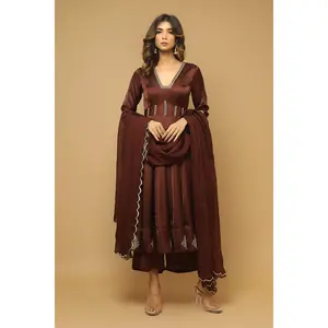 Brown Anarkali Satin Suit Set (Set Of 3)
